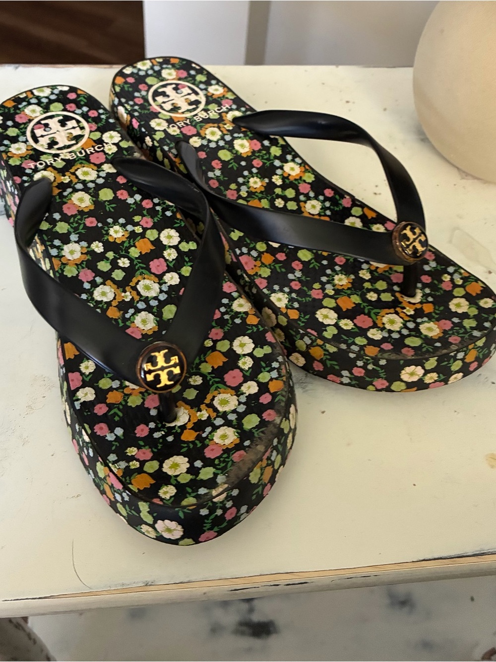 Tory Burch Black Floral Platform Sandals with Gold Logo